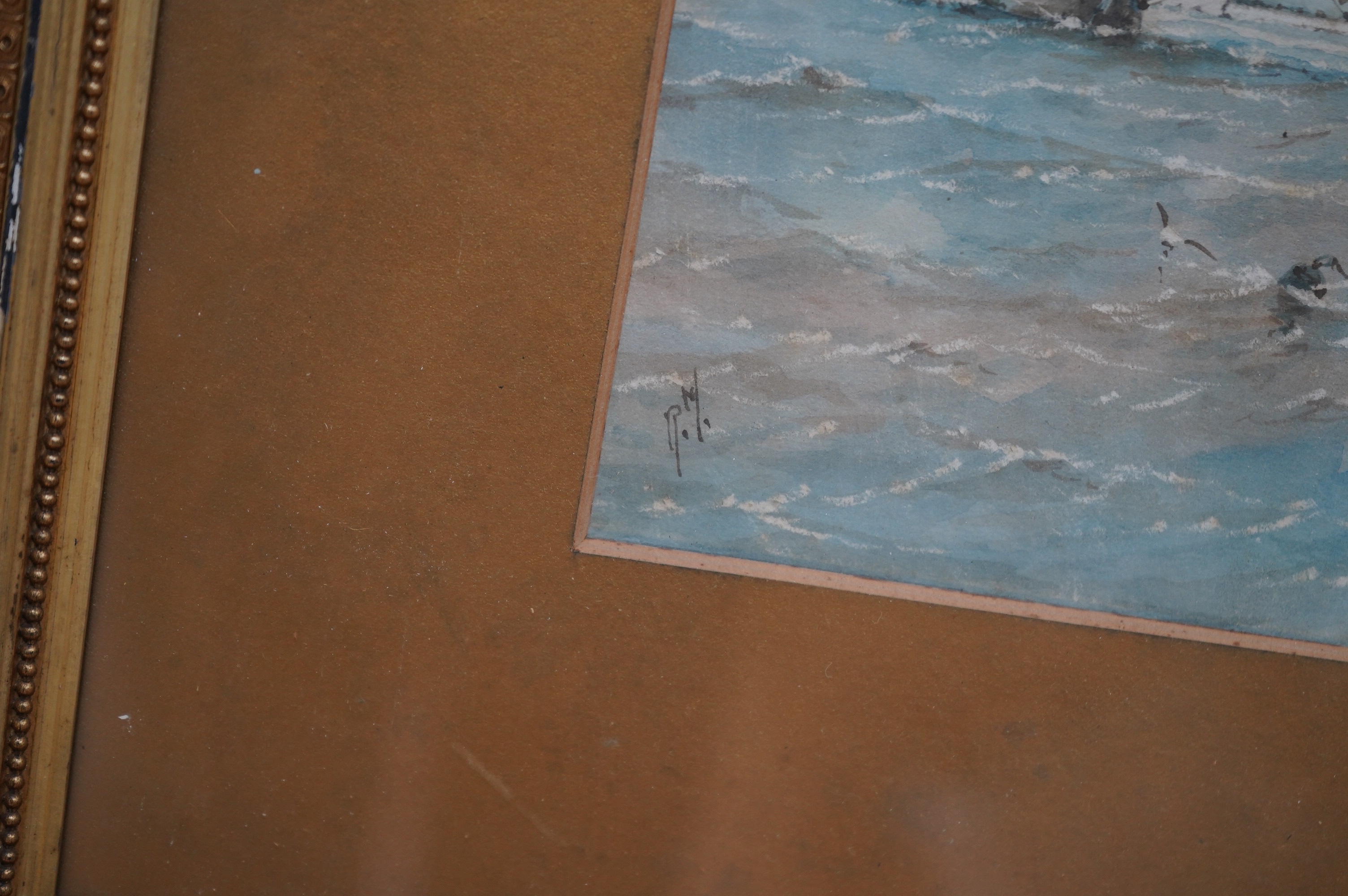 Richmond Markes, watercolour, Fishing boats off the coast, initialled, 27 x 12cm. Condition - poor to fair